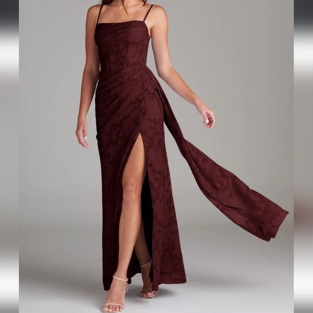 Azazie Denisa Wine Color Floral Burnout Spaguetti Straps Size 14 NwT.